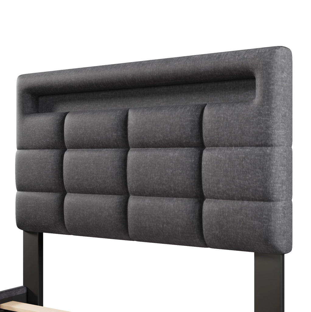 Letto imbottito 90x200 cm in lino grigio con LED APP; vano contenitore idraulico e porta USB