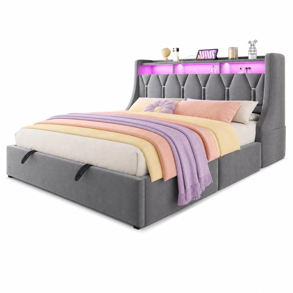 Letto matrimoniale imbottito 180x200 cm con contenitore idraulico, testiera ribaltabile, LED, prese USB e Type-C, velluto grigio