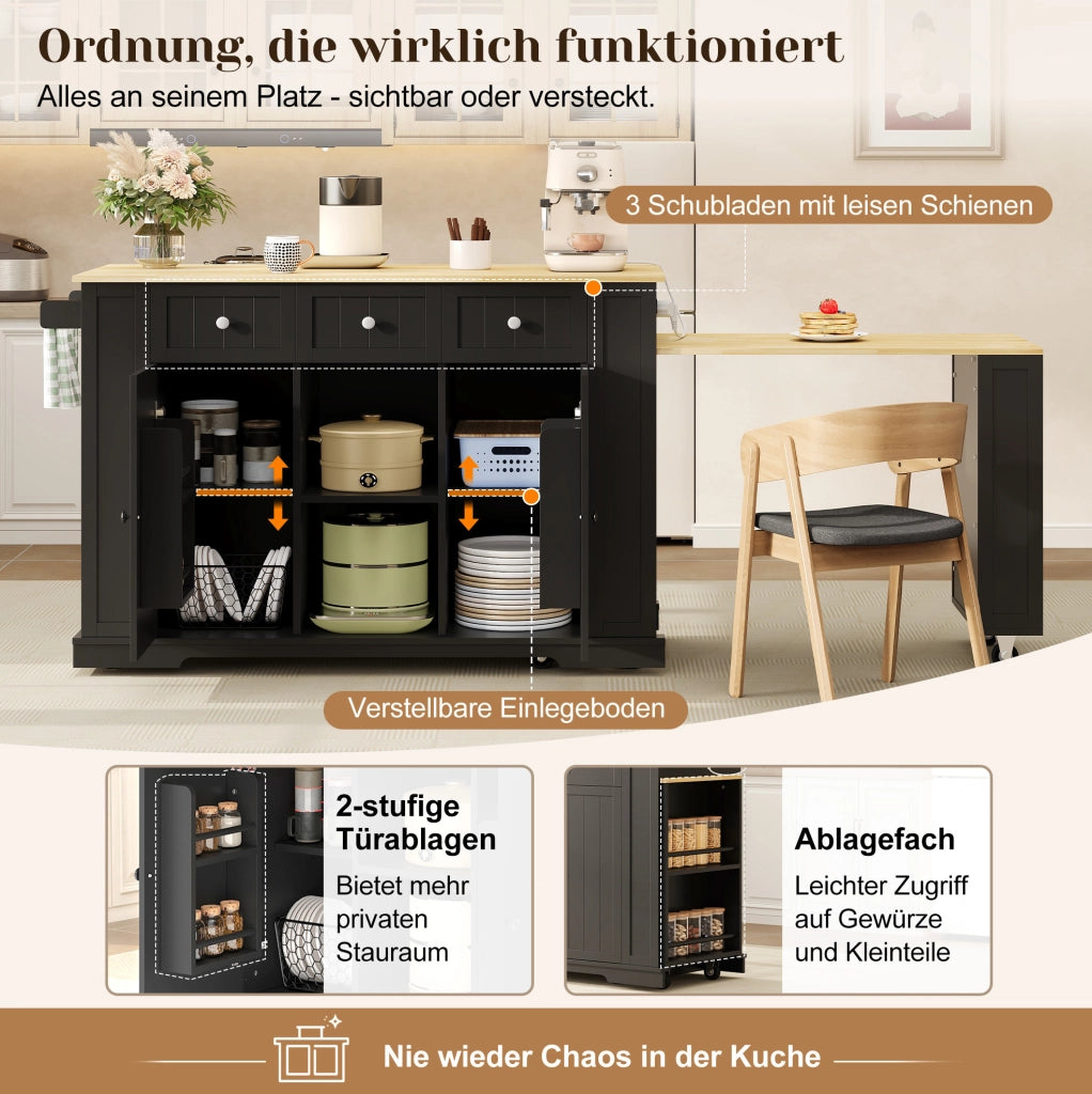 Isola cucina mobile con tavolo estraibile e prese USB, 138(213) cm