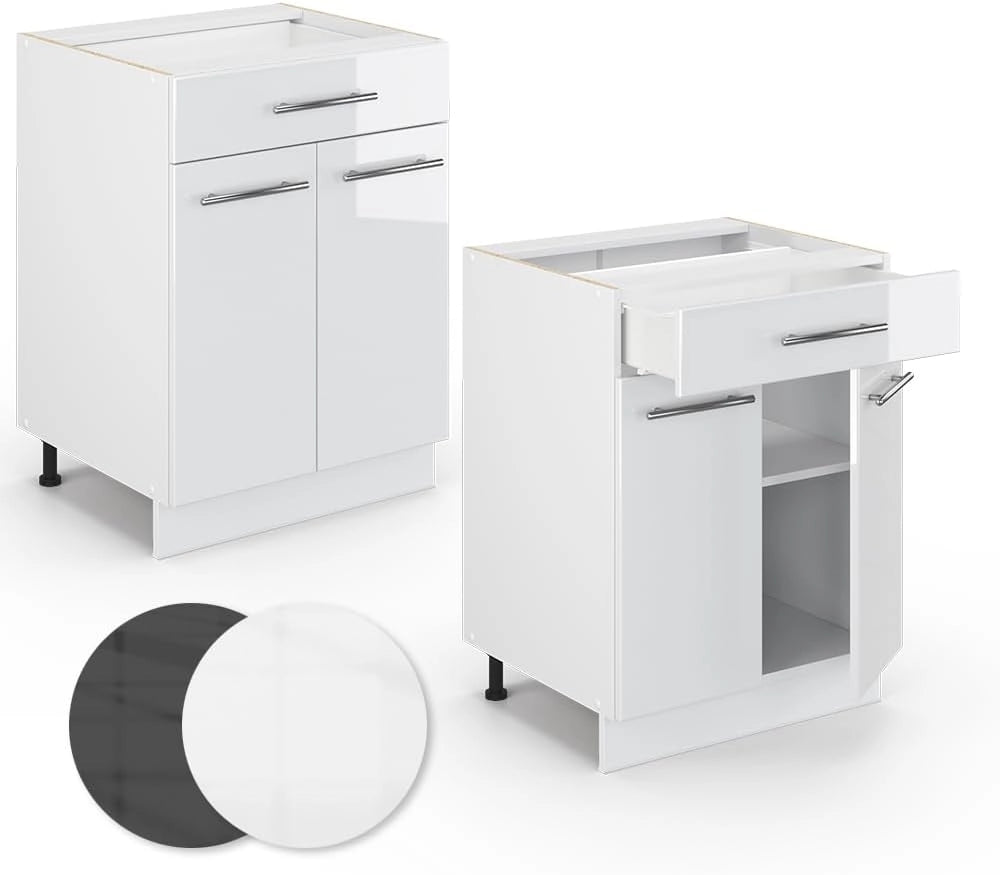 Cassettiera da bagno Fame-Line, Bianco lucido, 60 x 82 cm con cassetto, senza piano di lavoro, per la conservazione di articoli da bagno e prodotti per la pulizia