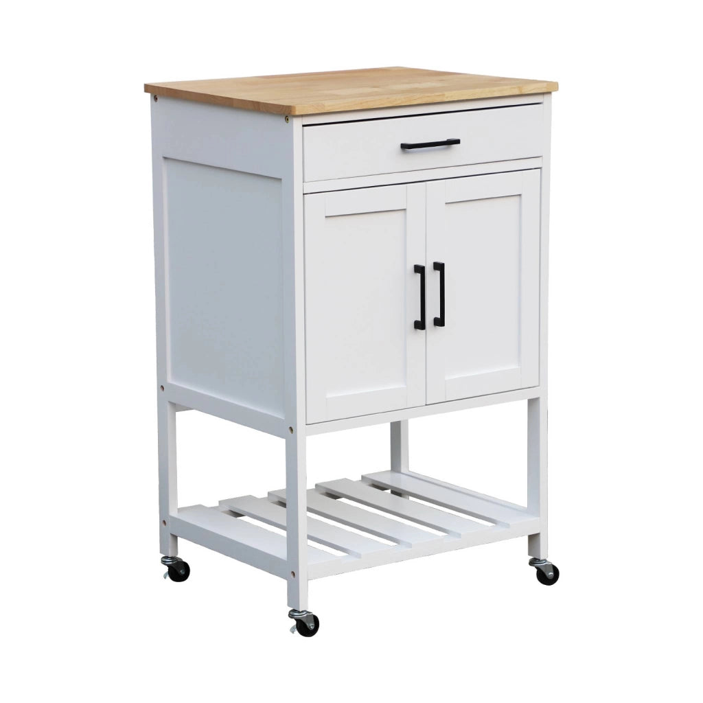 Carrello da cucina in legno di gomma con 2 ripiani, 56cm , bianco