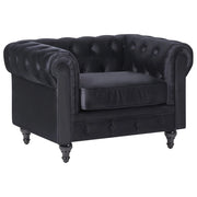 Poltrona Chesterfield Rivestimento in Tessuto Velluto Nero Gambe in Legno Scuro Contemporanea