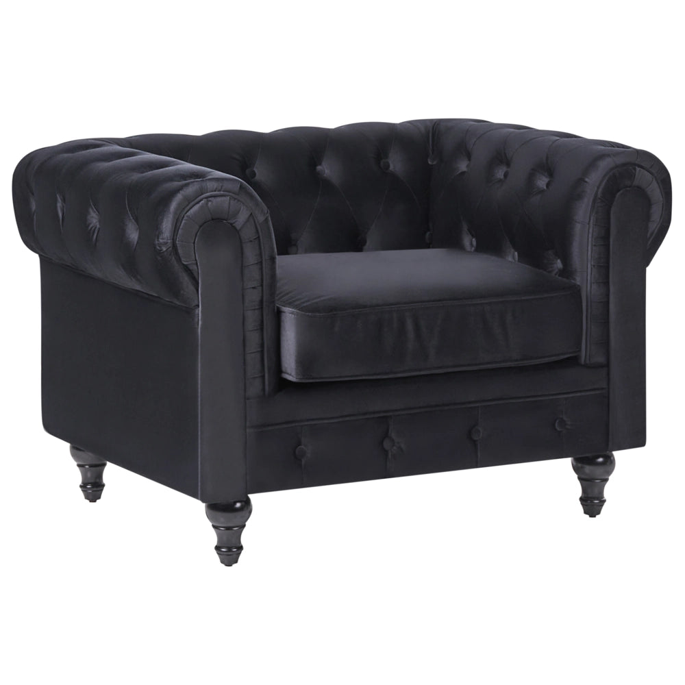Poltrona Chesterfield Rivestimento in Tessuto Velluto Nero Gambe in Legno Scuro Contemporanea