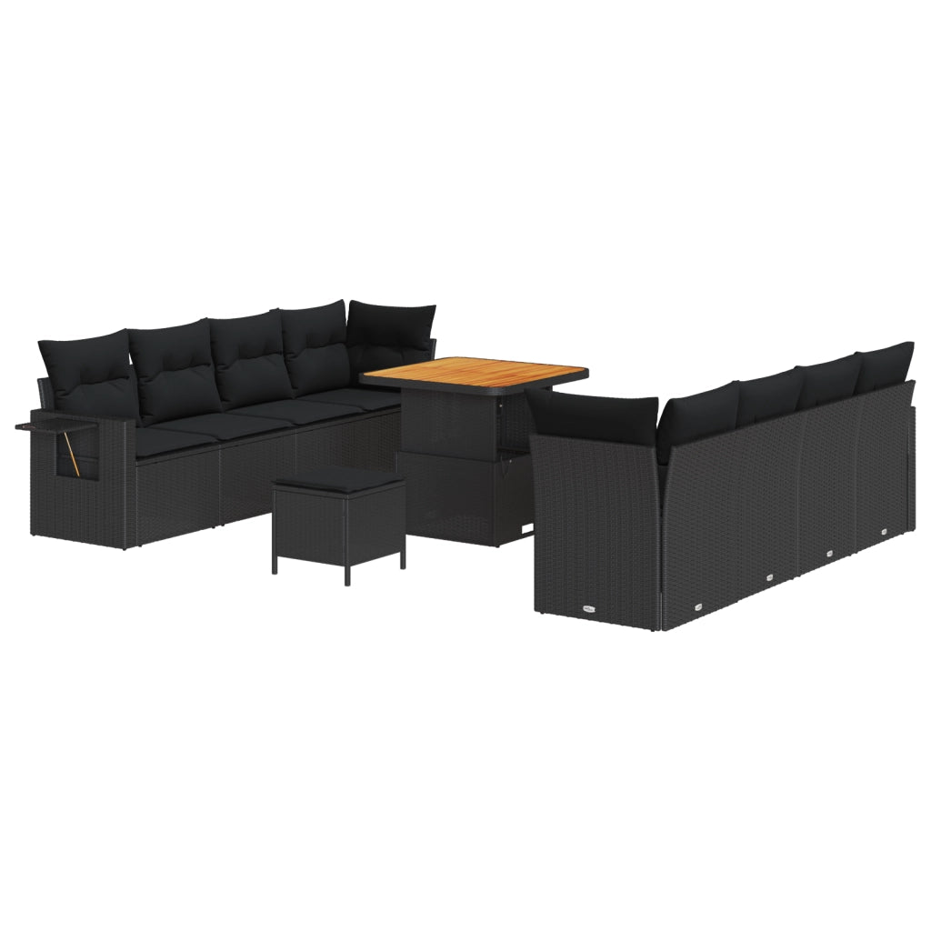 Set Divano da Giardino da 11 Pezzi con Cuscini in Polyrattan Nero e Acacia