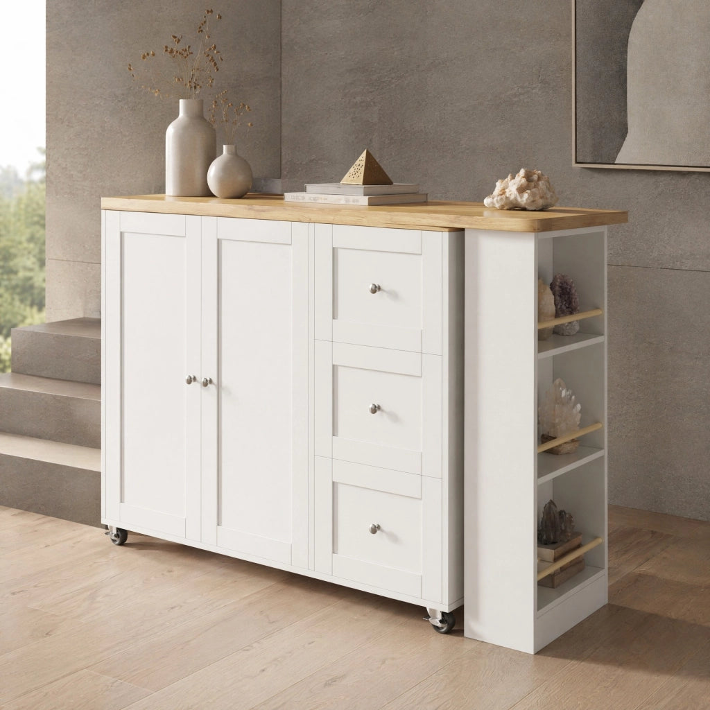 Mobile bar girevole 360° con ruote, 203 x 39 x 104 cm, bianco, in MDF, con 3 cassetti e portasnack