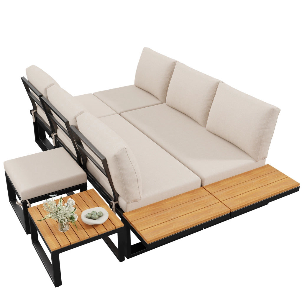 Set Divano Angolare da Giardino 6 pezzi con Tavolino ¨C MINIMAL ¨C Acciaio, Cuscini Grigio/Beige, Schienale Regolabile