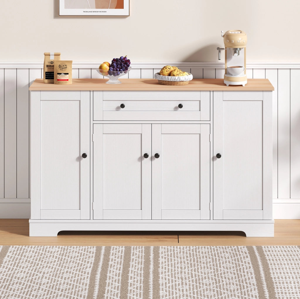 Buffet da cucina 138 cm con cassetto, ante e ripiani regolabili in MDF naturale e bianco