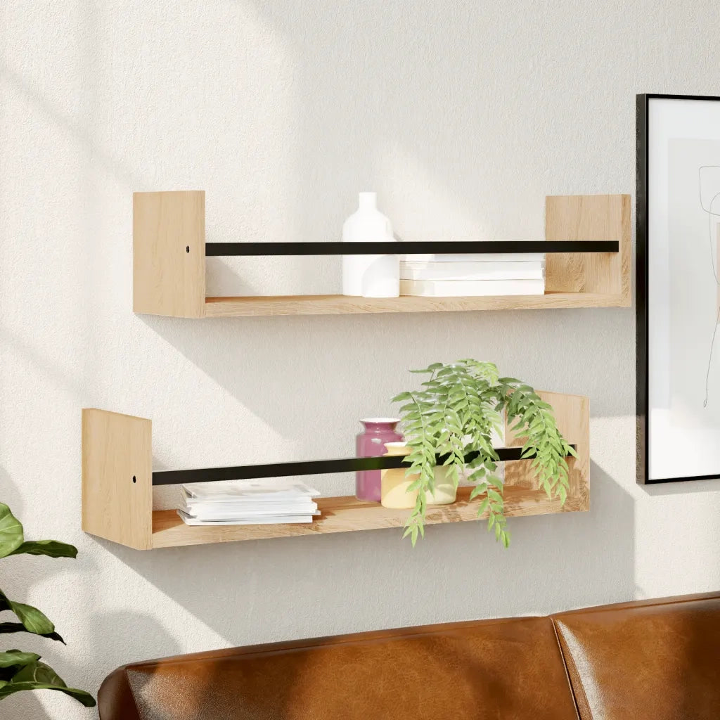 2 pz Mensole a Parete | Scaffale Parete | Ripiano a parete con Aste Rovere Sonoma 60x16x14 cm