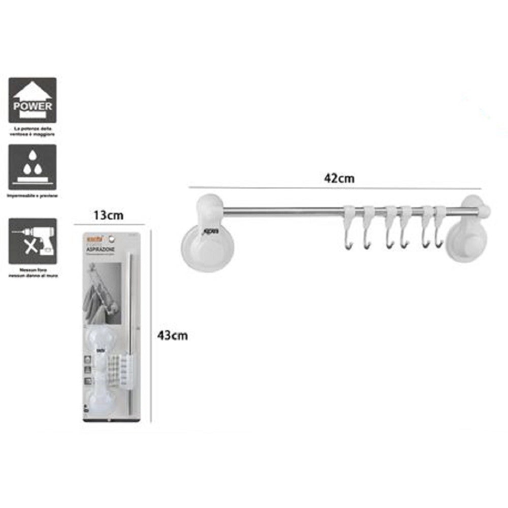 Trade Shop - Porta Asciugamani Con 6 Ganci Appendini Fissaggio Parete Ventosa Bagno 42cm 59550 -
