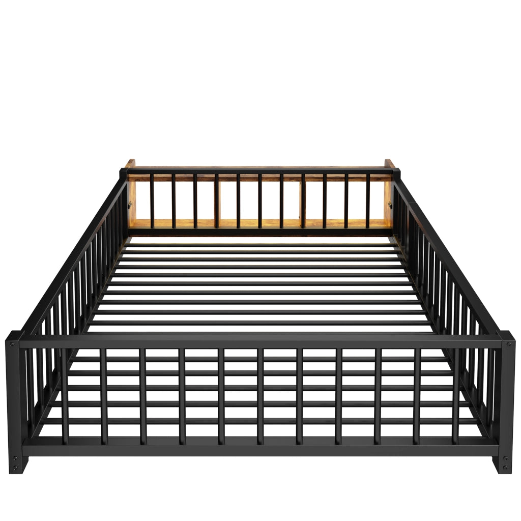 Letto a piatto in metallo - Zephmum- 140x200 cm- Nero- con protezione, cassetti, luci LED