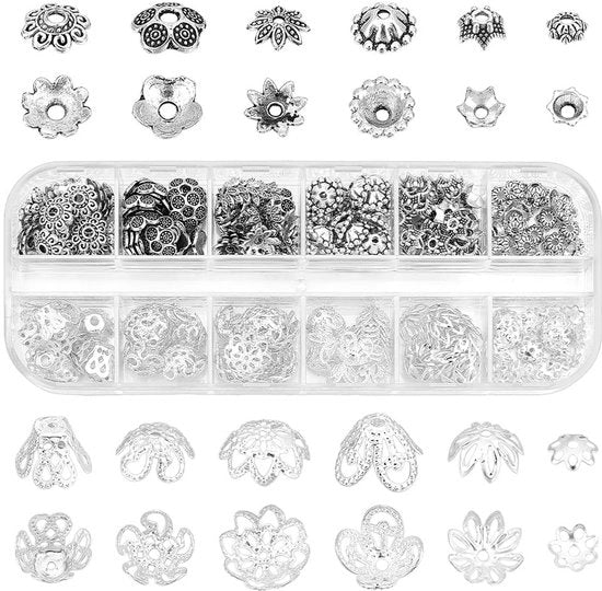 Accessori per gioielli - Kralen Caps - Supporti metallici - Esercizio con 261 pezzi - Capocchiere aperti - Argento antico/Argento - per creare gioielli