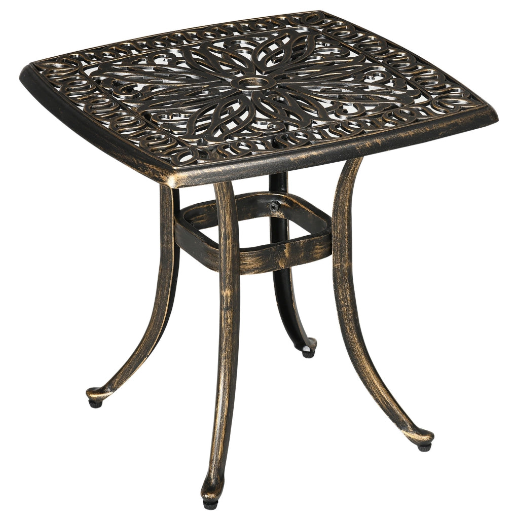 Tavolino da terrazza 54 x 54 x 52,5 cm in alluminio bronzo con foro per ombrellone