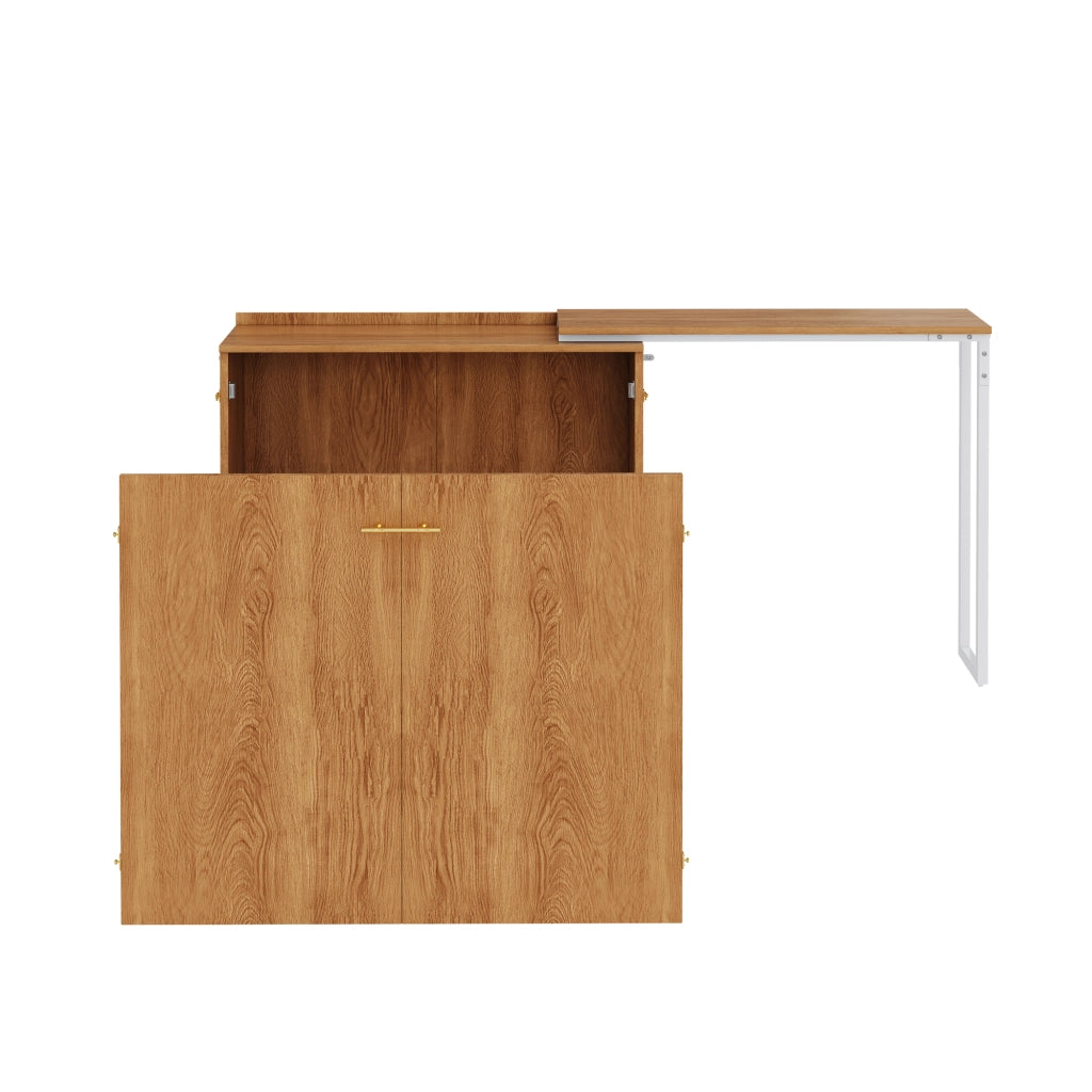 Letto a scomparsa 90 × 200 cm con scrivania girevole, materasso incluso, con ruote, in metallo e legno, naturale