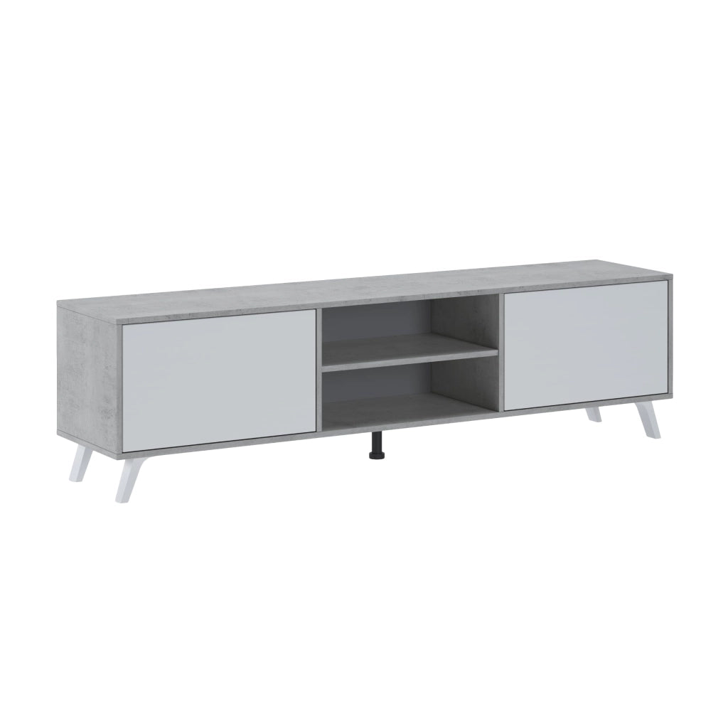 Mobile TV Per Soggiorno Con 2 Ante Battenti Ripiani Centrali Aperti Gambe Stile Scandinavo Per Televisori Fino A 75 Pollici 180 X 39,6 X 49 Cm Grigio Cemento E Bianco
