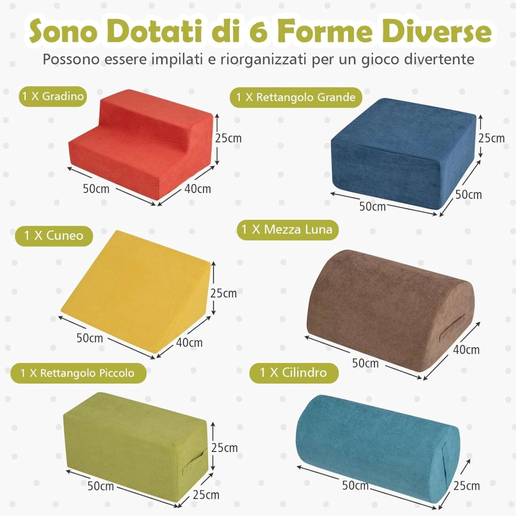 Set di 6 Blocchi di Arrampicata per Bambini, Set di Costruzioni Morbide con Tessuto Ciniglia, Mattoncini in Spugna ad Alta Densità con Maniglie, Ostacoli per Scalare per 1-3 Anni (Multicolore)