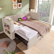 Letto divano singolo 90 × 190 cm con letto estraibile, 3 USB, Type C e portabicchieri, senza materasso beige