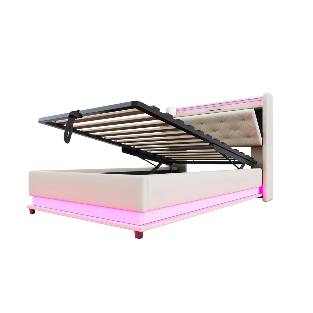 Letto singolo imbottito ULEVR 90x200 cm con contenitore idraulico, LED RGB, USB e Type-C, beige