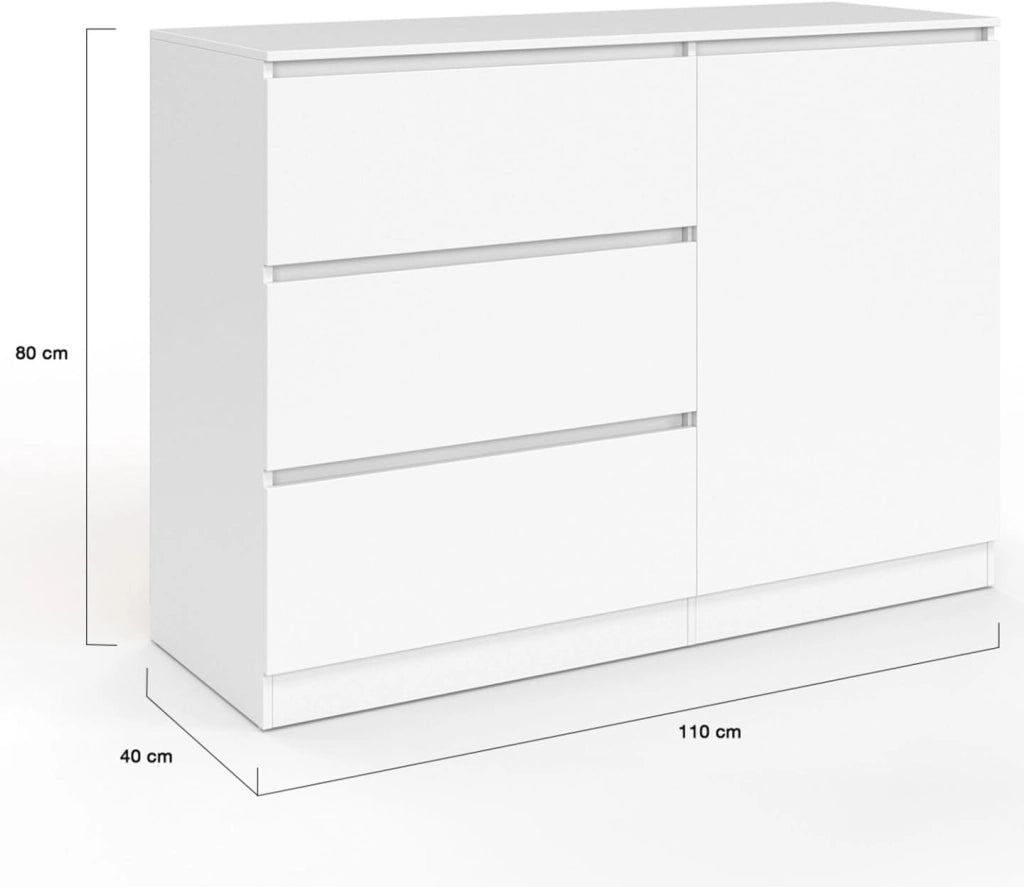 TOMI Cassettone a 3 cassetti + 1 anta 110 cm legno bianco
