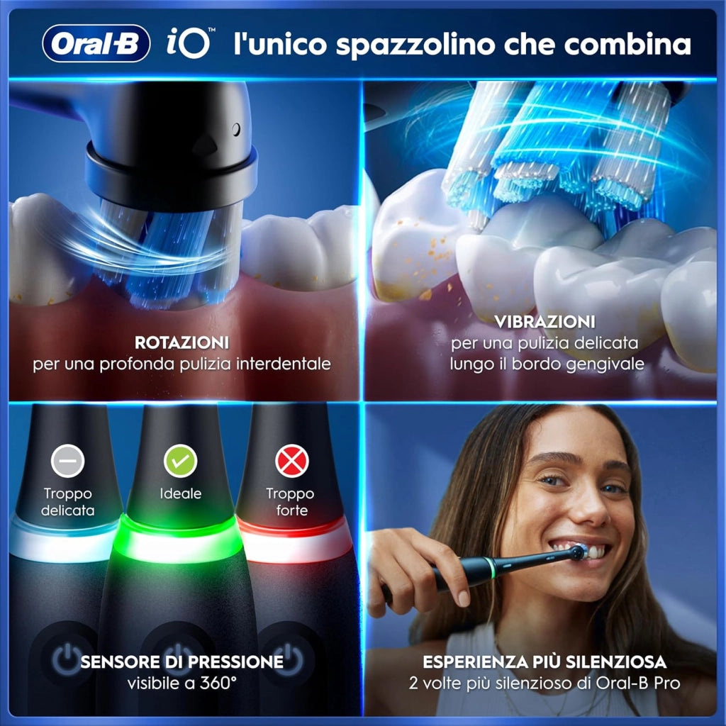 Oral-B iO 5 Spazzolino Elettrico, con 1 Testina di Ricambio, Astuccio, Nero - 1 Testine di Ricambio per Spazzolino Elettrico, Ricaricabile, Custodia da Viaggio, Sensore di Pressione, Pulizia Denti