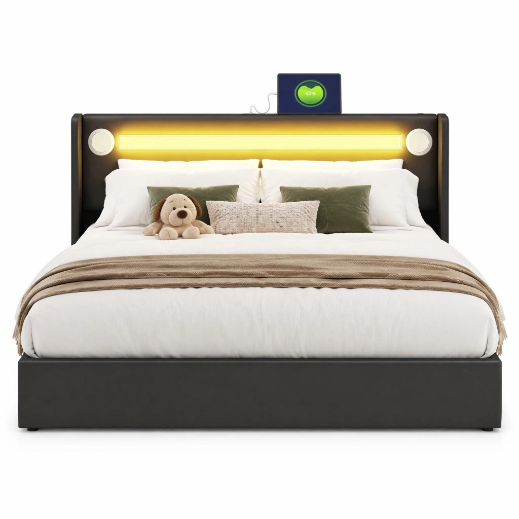 Letto matrimoniale contenitore 160x200 cm con LED; Bluetooth e 2 porte USB; rivestimento nero