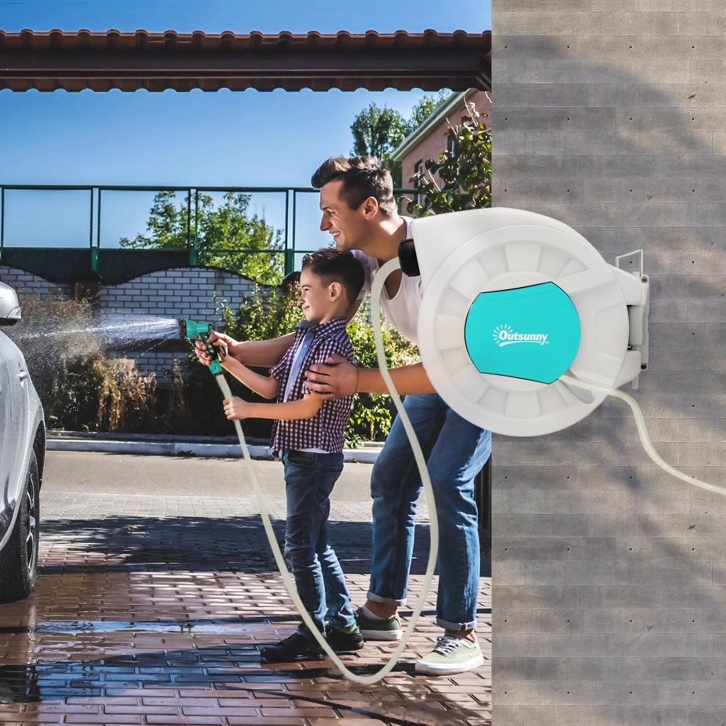 Carrete di Tubo Retrattile 20+2 m con Supporto Lancia 7 Funzioni e Blocco Automatico ¨C zephmum ¨C Grigio