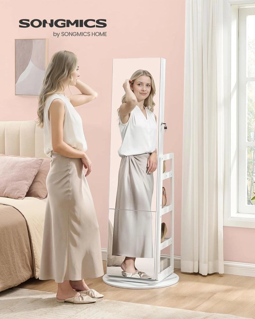 SONGMICS Armadietto Portagioie, Specchio Portagioielli a Figura Intera, 4 Ripiani, Luci LED Interne, Girevole a 360°, per Camera da Letto Cabina Armadio Ingresso, Bianco Nuvola JJC027WH01