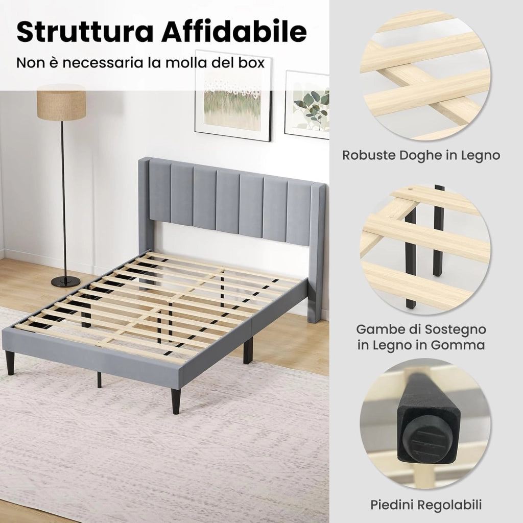 Struttura Letto Imbottito Matrimoniale 140x200 cm, Letto Piattaforma Imbottito, con Testiera in Morbido Tessuto di Velluto e Supporto a Doghe di Legno, Silenzioso, Carico 250kg (Stile 4)