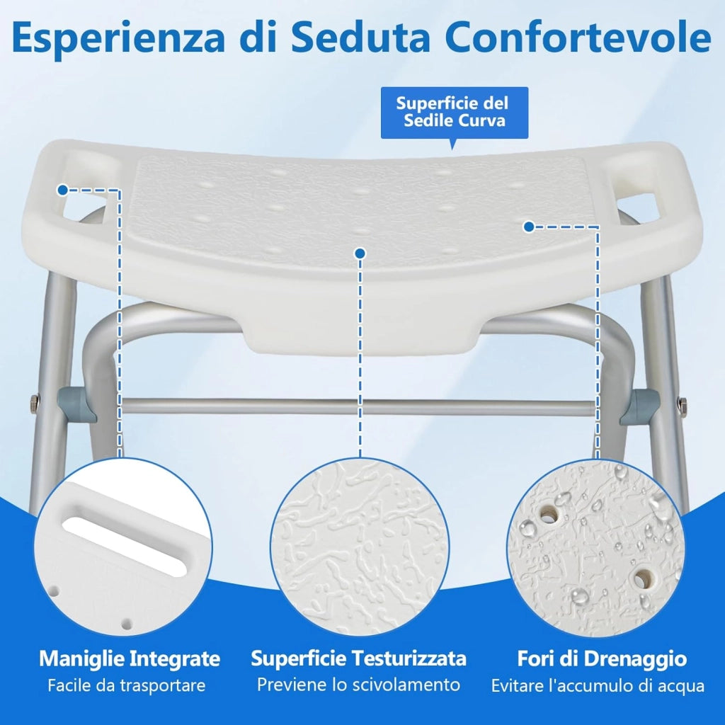 Sgabello per Doccia, Sedia per Doccia Pieghevole e Regolabile in Altezza a 3 Livelli con Maniglie, Leggero, per Anziani e Persone a Mobilità Ridotta, Portata 150 kg (Bianco)