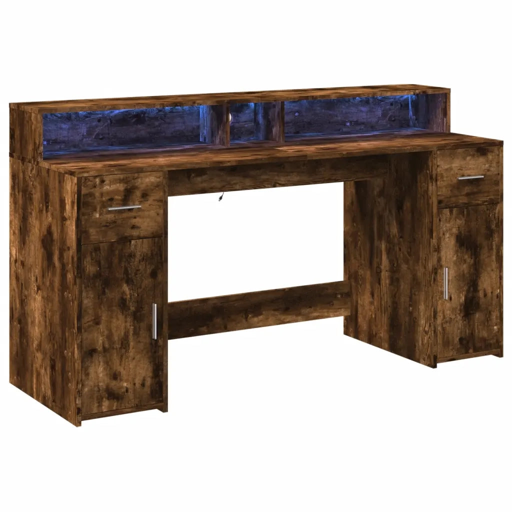 Scrivania | Tavolo da Ufficio con Luci LED Rovere Fumo 160x55x91 cm in Multistrato