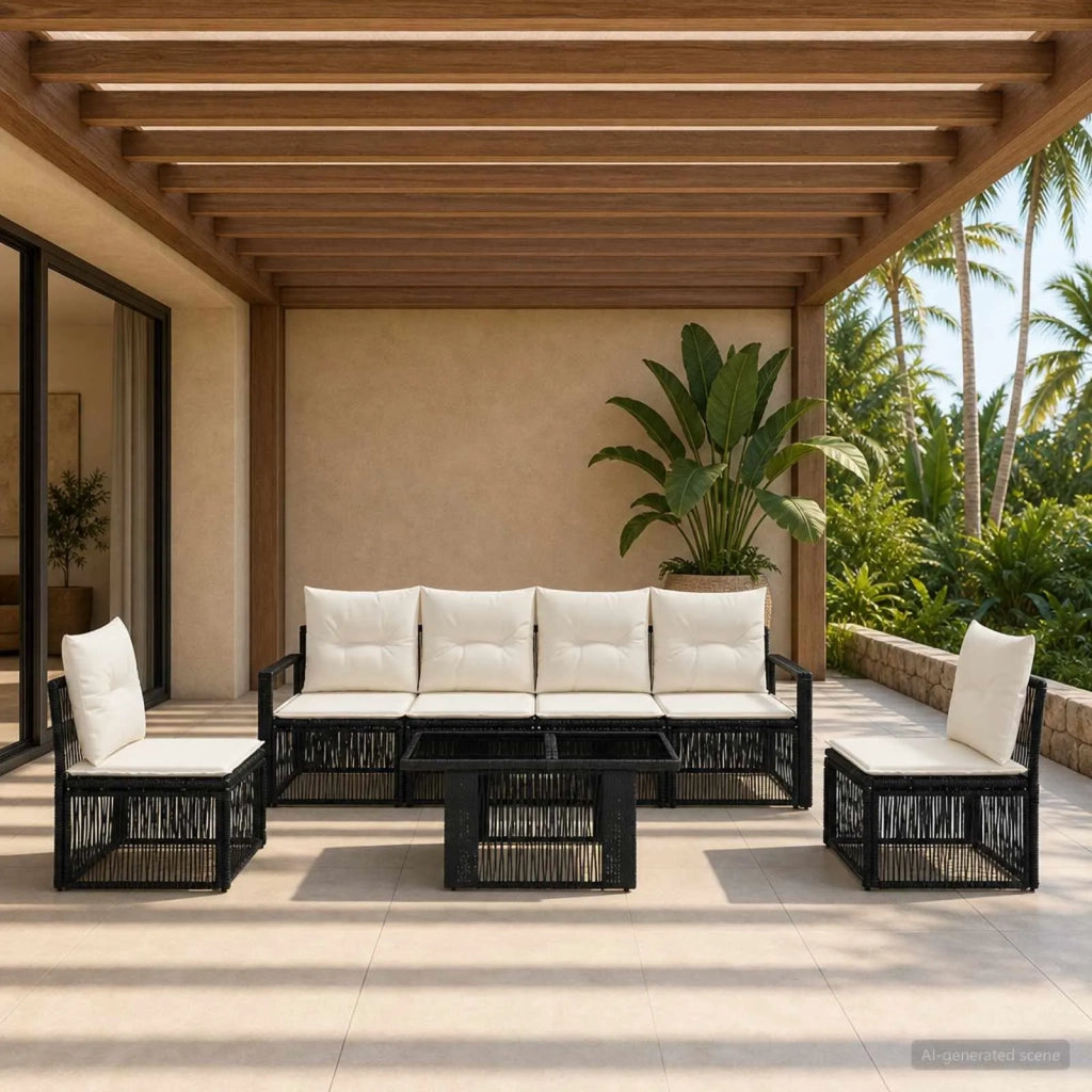 Set Divano da Giardino 7 pz Nero e Bianco Crema polyrattan 3437077