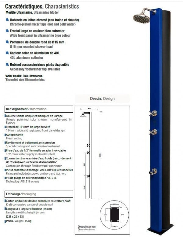 ULTRAMARINE Blue Solar Doccia per Piscina con Risciacquo dei Piedi - 40L