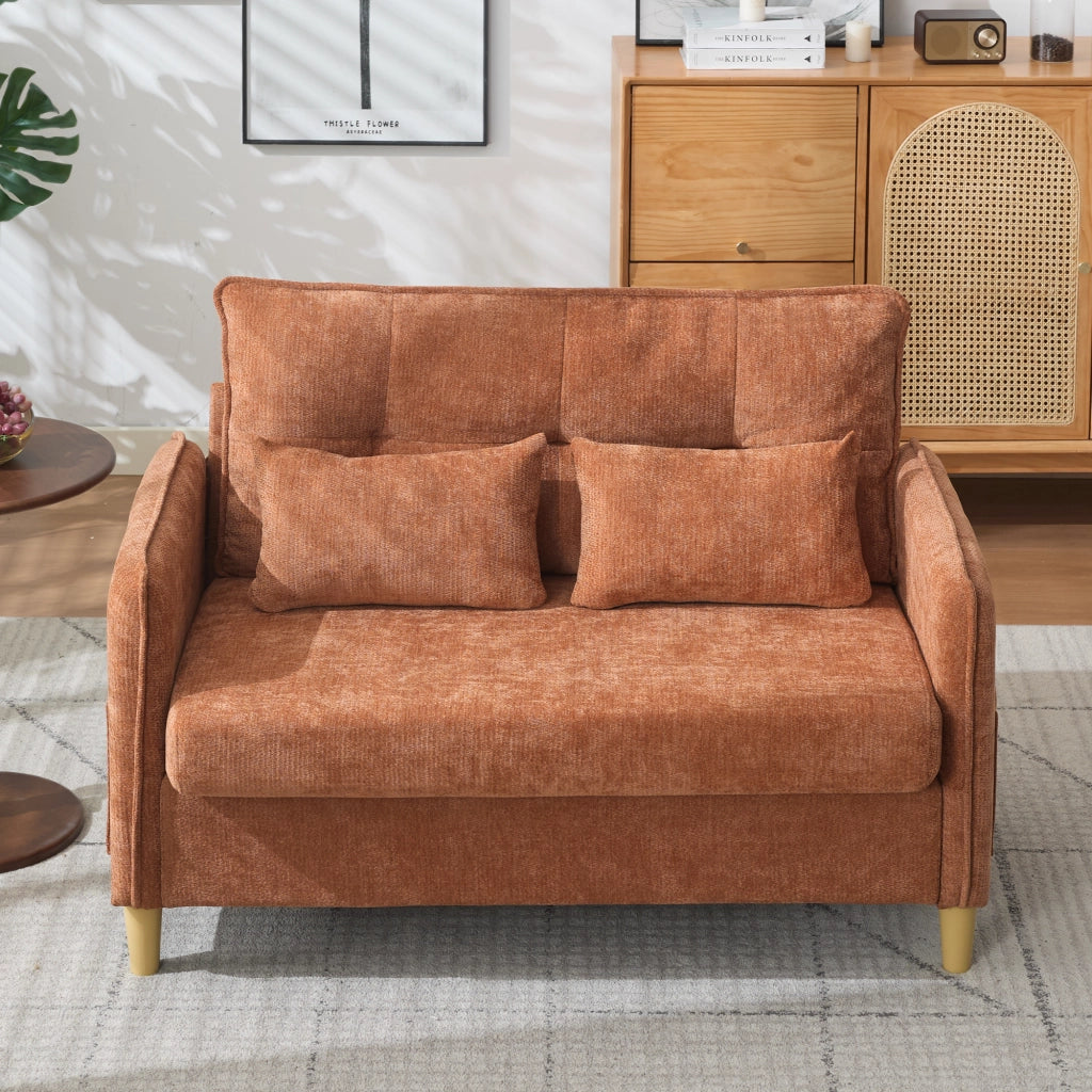 Divano 2 posti in ciniglia marrone con tasche laterali e cuscini; 127 x 75;5 x 83 cm
