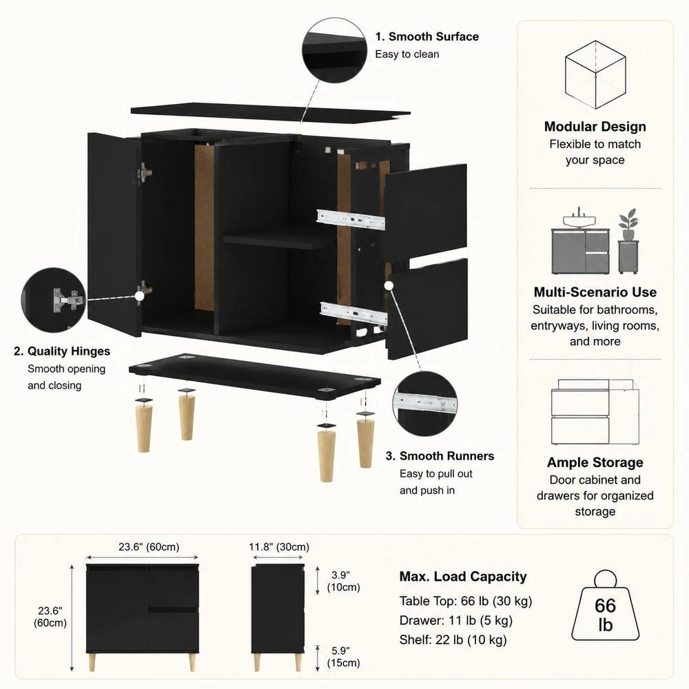 Bathroom Cabinet Black 65x33x60 Cm Made Of Wood