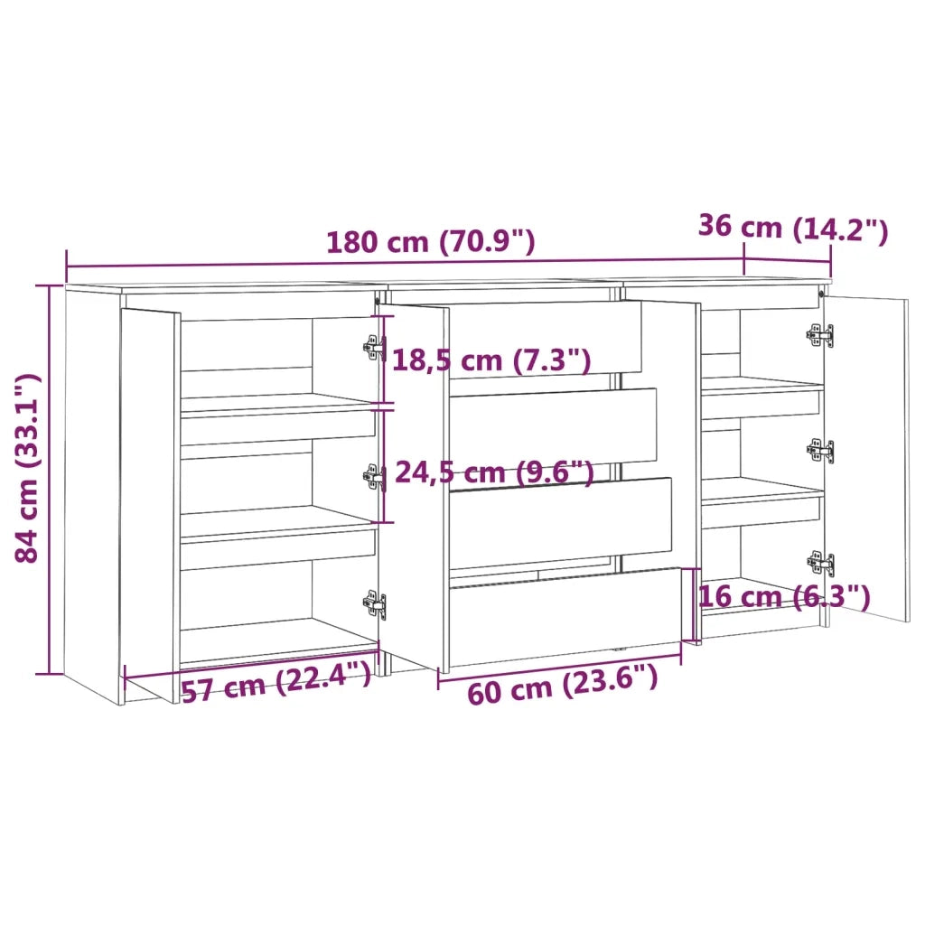 Credenze 3 pz in Legno Massello di Pino Bianco