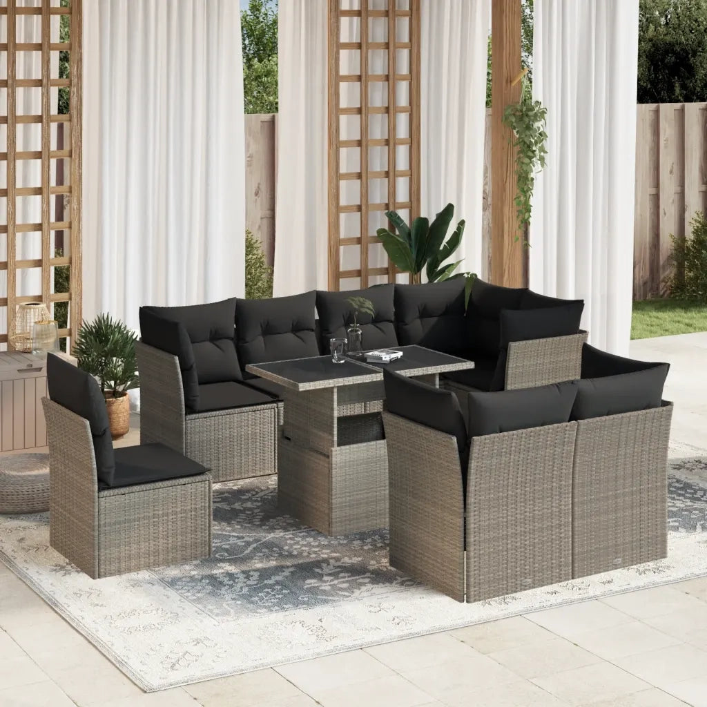 Set Divano da Giardino 9pz con Cuscini Grigio Chiaro Polyrattan