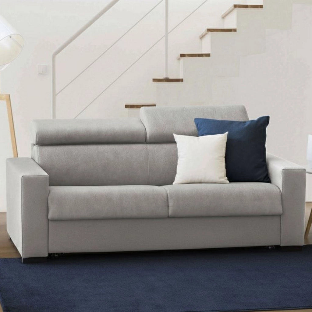Divano fisso Nukualofa, Divano a 2 posti, Made in Italy, SofÒ  Soggiorno, in tessuto imbottito, con poggiatesta regolabili e Braccioli slim, cm 180x95h85, Grigio