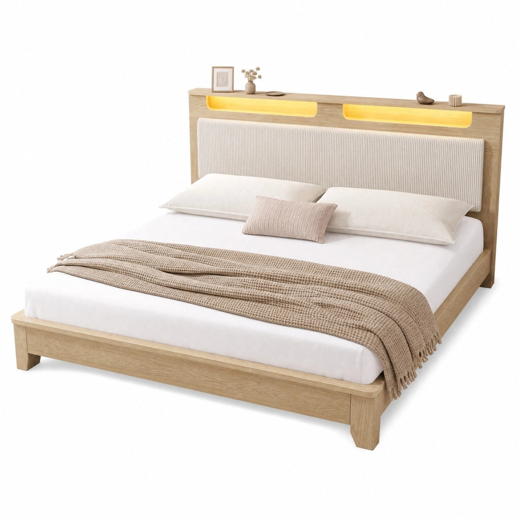Letto matrimoniale 140x200 cm in legno effetto rovere chiaro con testiera imbottita in corda beige e LED