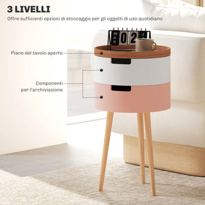 Set 2 Tavolini da Caffè con 2 Vani Contenitore e Vassoio Superiore Ø35 x 65,5 cm in MDF e Legno Bianco e Rosa
