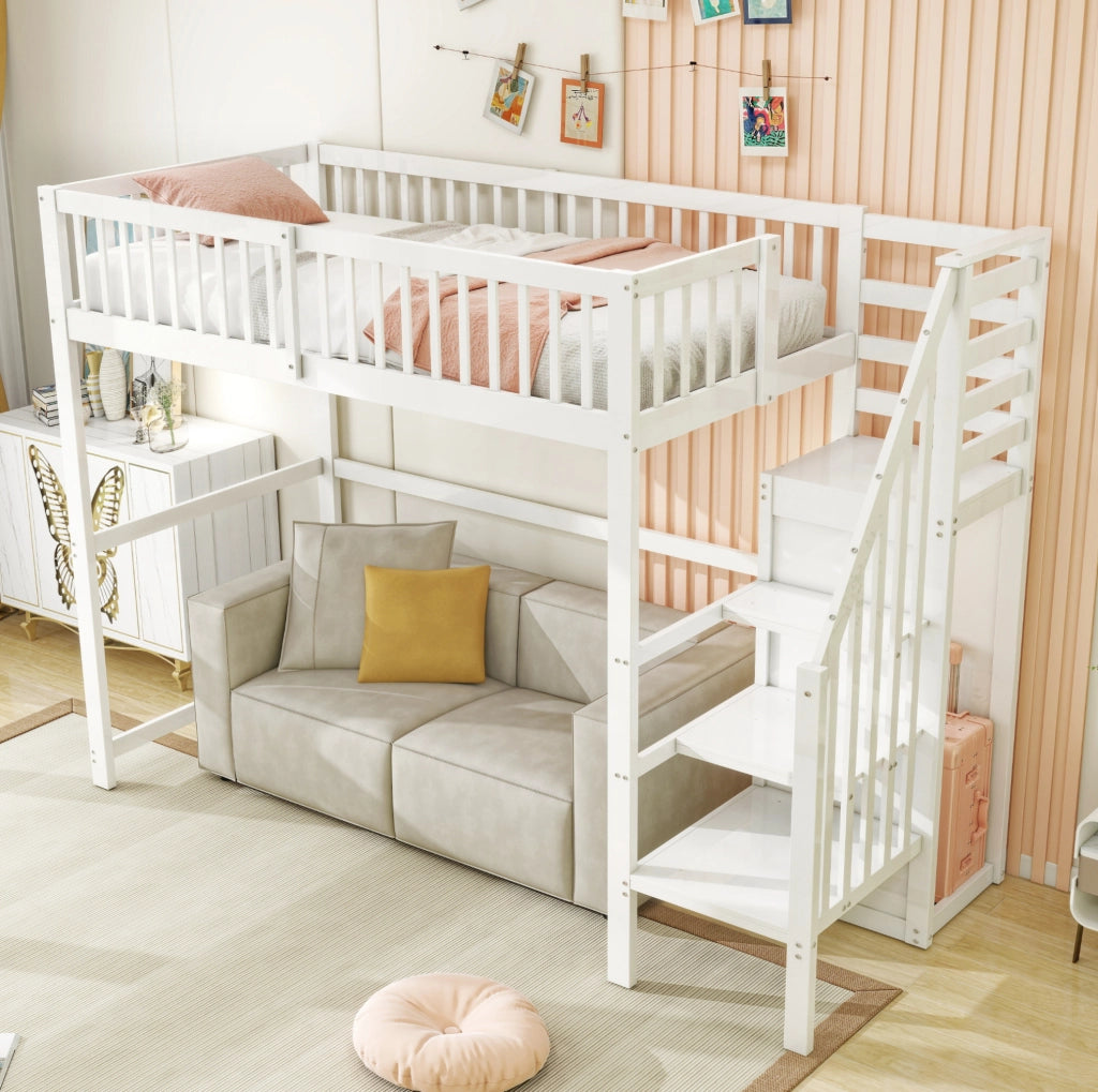 Letto a soppalco 90x200 cm; con scala e armadio; legno; bianco (Senza materasso)