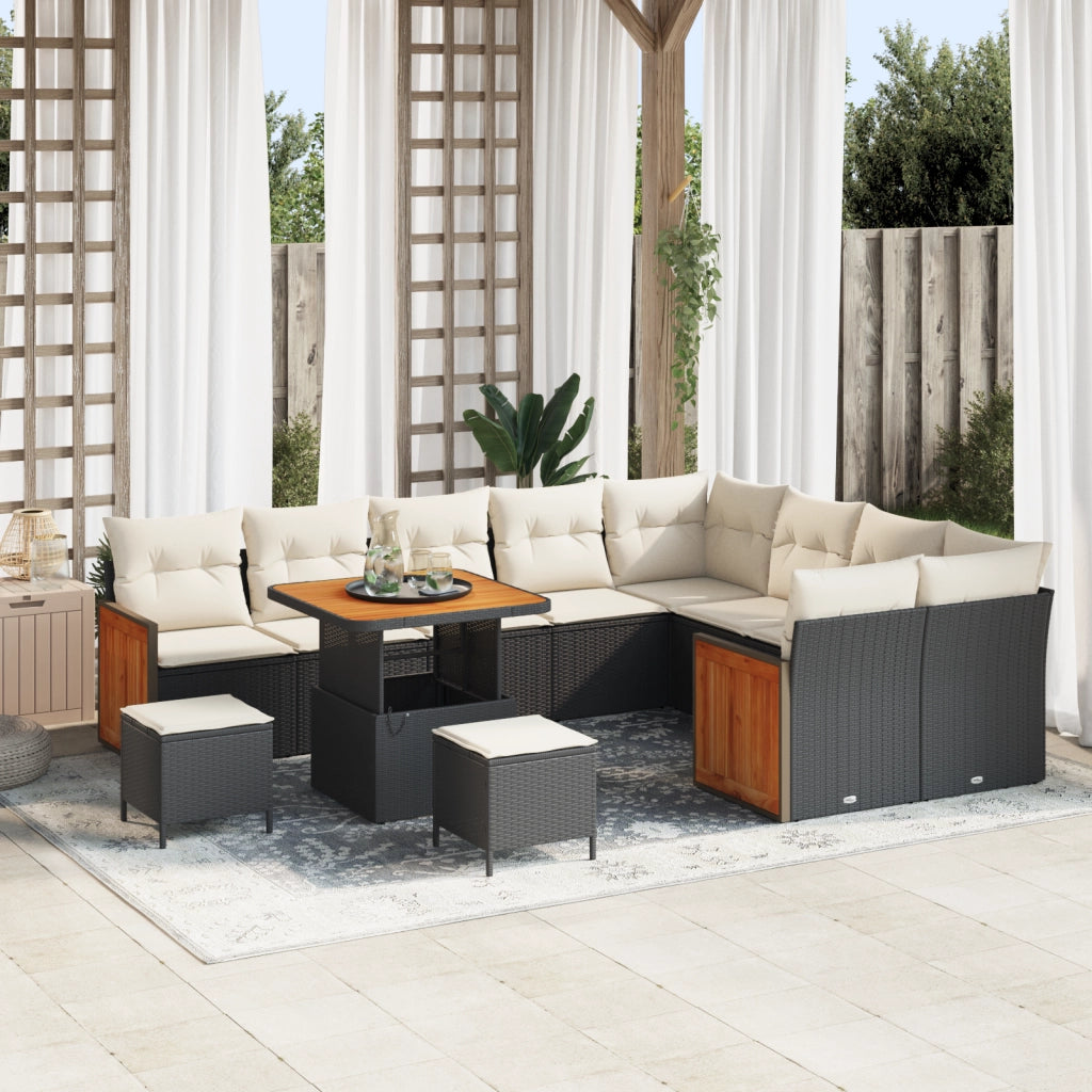 Set Divano da Giardino da 12 Pezzi con Cuscini in Polyrattan Nero e Acacia