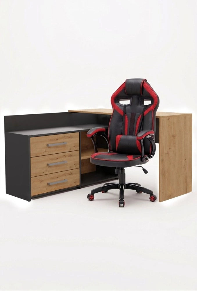 Set scrivania DANY angolare antracite e rovere artisan + poltrona DRIFT rosso