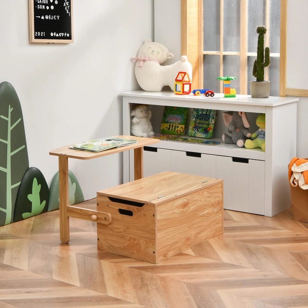 Cassapanca Contenitore 3 in 1 per Bambini Trasformabile in Legno con Scatola dei Giocattoli, Tavolo bambini con Sedie Multifunzione per 3-7 Anni (Naturale)