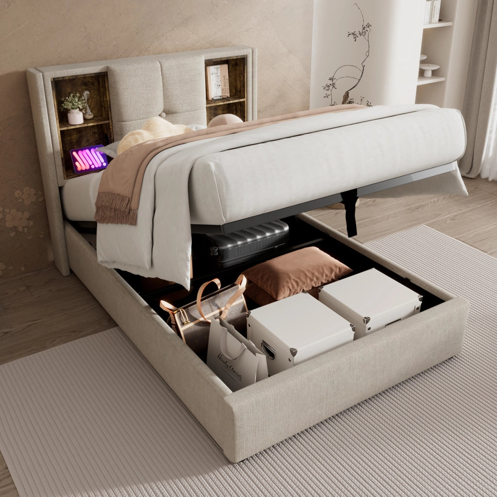 OKWISH Letto Contenitore 90×200 cm, Letto Singolo con Ricarica Wireless, USB e Tipo C, Testiera con Vani a Giorno, senza Materasso, Lino Naturale