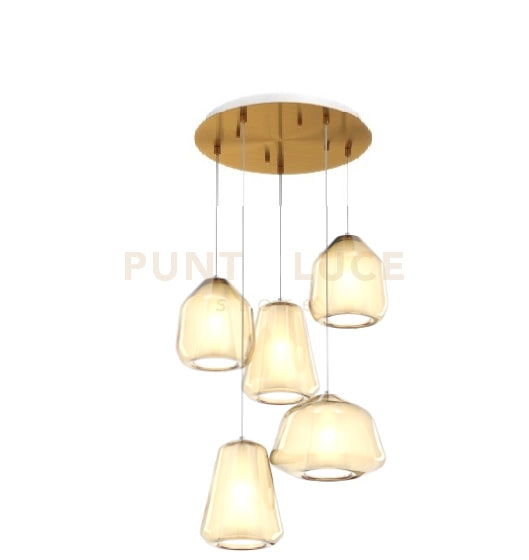 SOSPENSIONE OTTONE SAT. 5 LUCI TONDA VETRI 1X ALPHA + 2X BETA + 2X GAMMA AMBRA 1176OS-S5 T ABG-AM