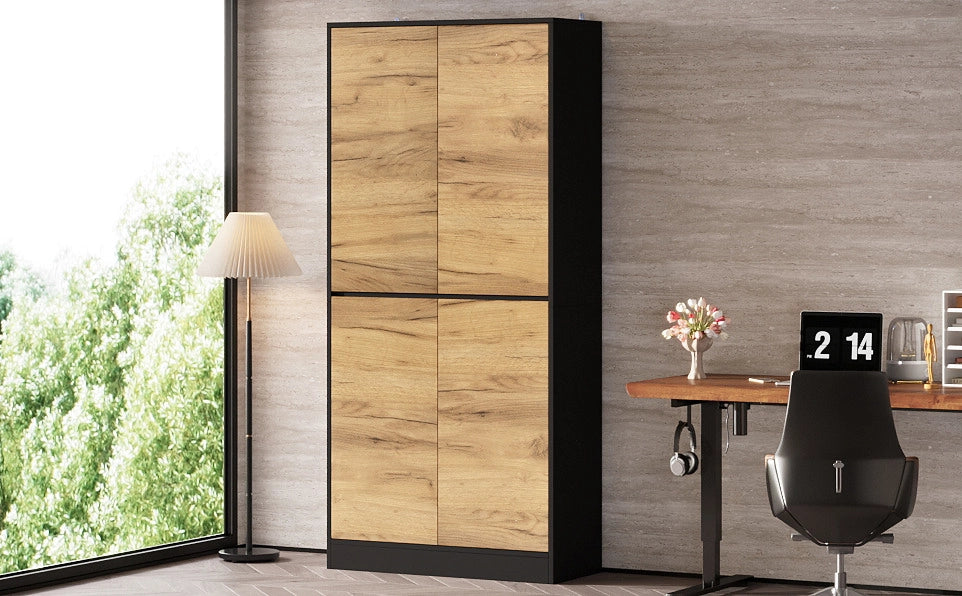 Armadio alto ULEVR 80x35x180 cm con ripiani regolabili e cerniere soft-close, nero e effetto rovere
