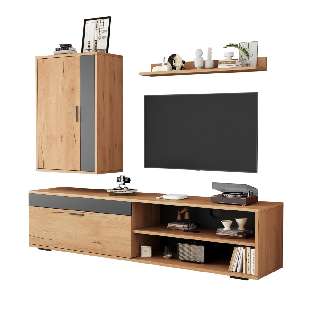 Set mobile TV da parete 3 pezzi 140 cm in truciolare effetto legno e nero