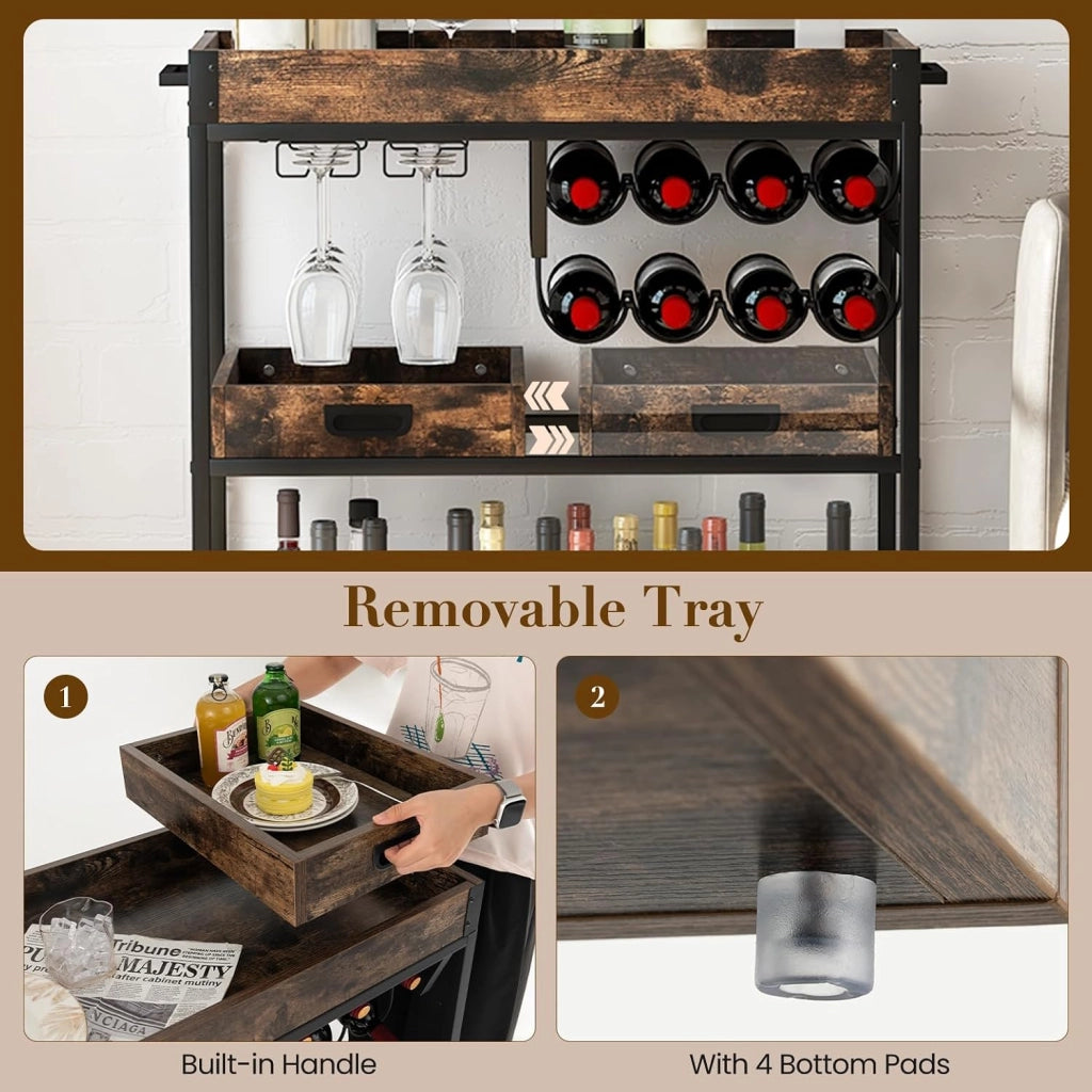 Carrello da cucina industriale a 3 livelli, carrello di servizio con portabottiglie, portabicchieri e vassoio estraibile, carrello ausiliario in legno con ruote, per sala da pranzo, bar, 88
