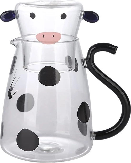 Set di caraffe in vetro con bicchiere in vetro, caraffa di vetro per bevande notturne, decanter per acqua e caffè per notti insonni, caraffa in vetro da 1800 ml in forma di mucca cartoon