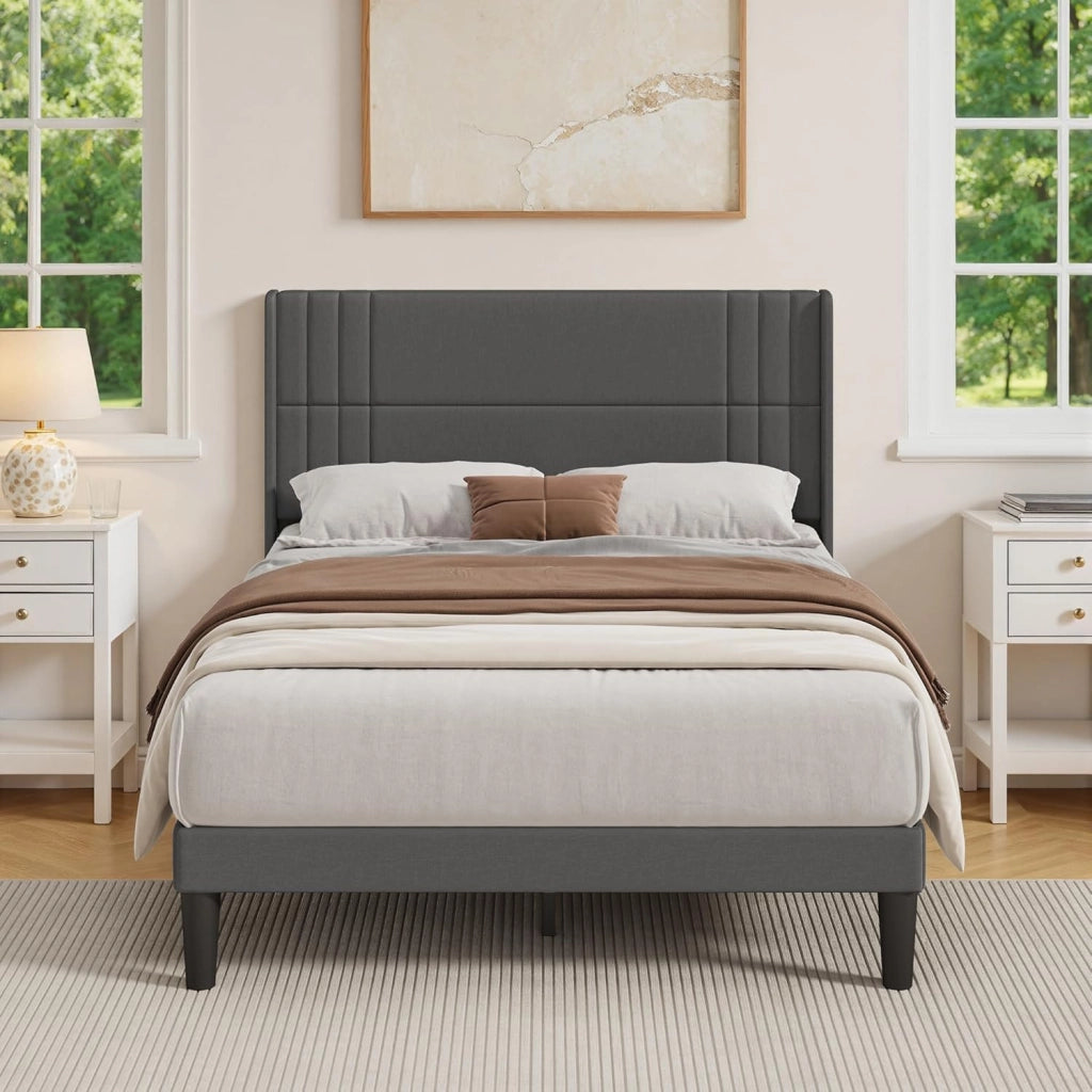 Letto imbottito 140x200 cm, con testiera e rete a doghe, robusto letto in tessuto per ragazzi e camere degli ospiti, struttura imbottita,Grigio scuro