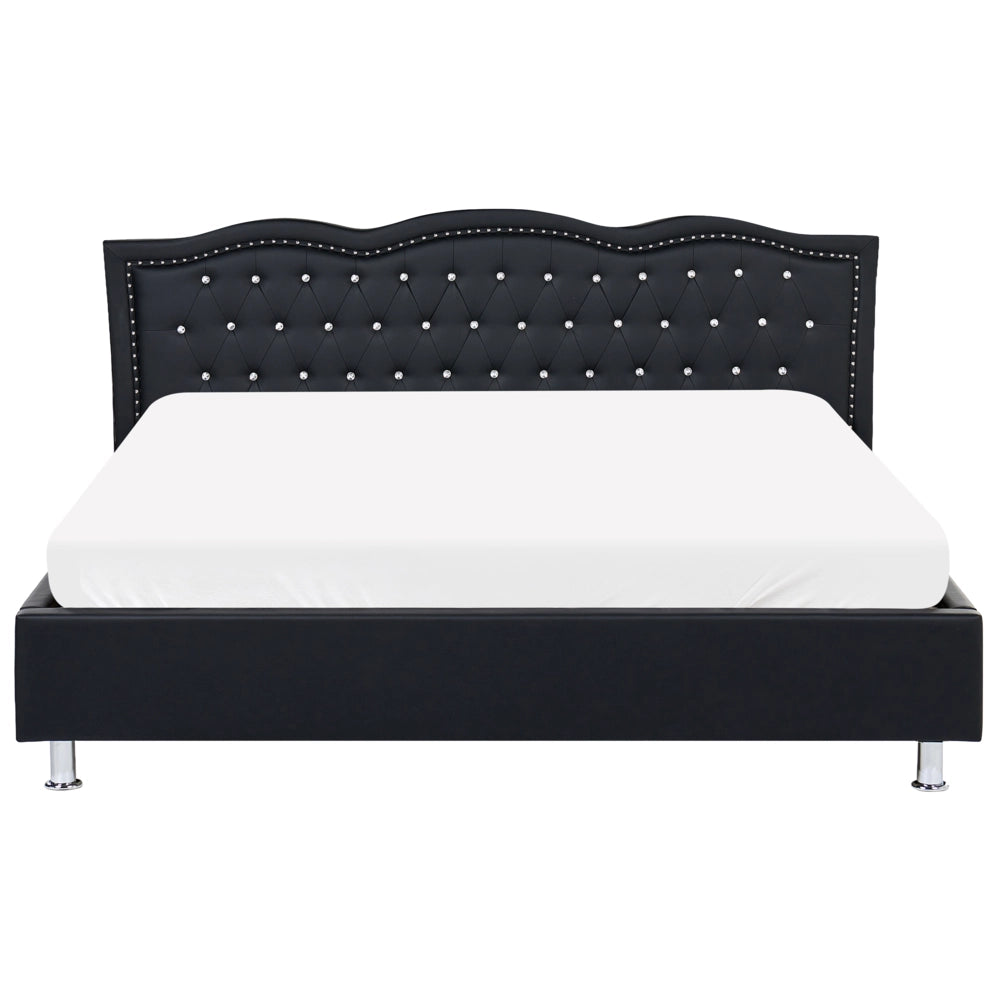 Letto 180 x 200 cm in ecopelle nera con cornice imbottita con bottoncini in cristallo con finiture per la testa dei chiodi